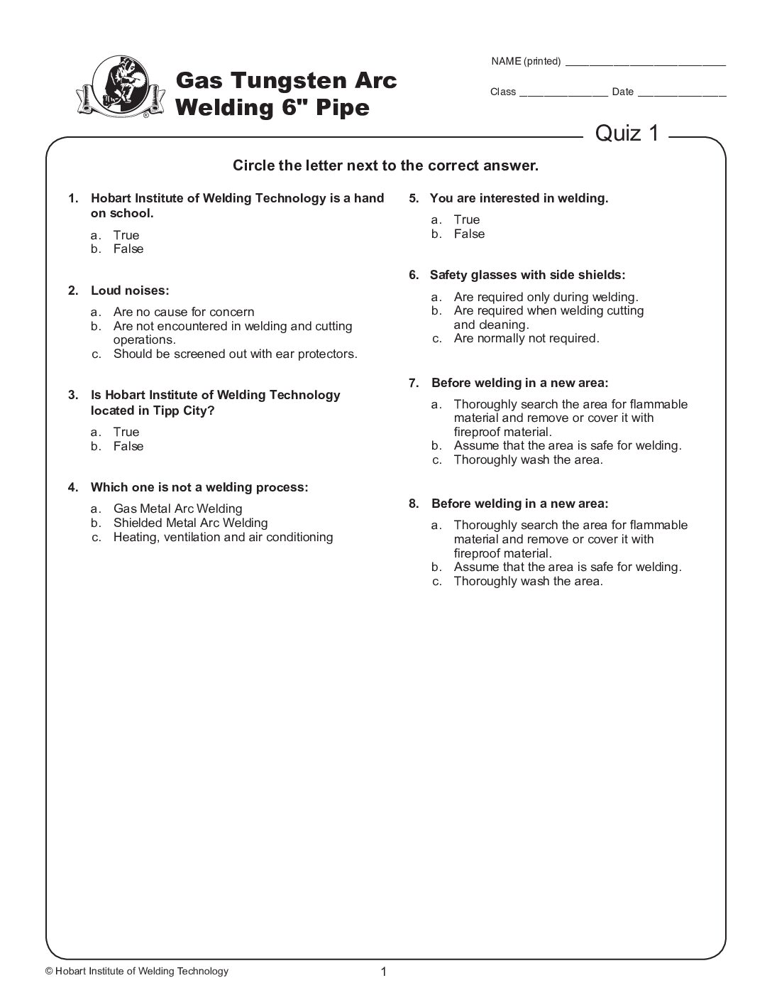 Additional Written Tests - Gas Tungsten Arc Welding 6" Pipe