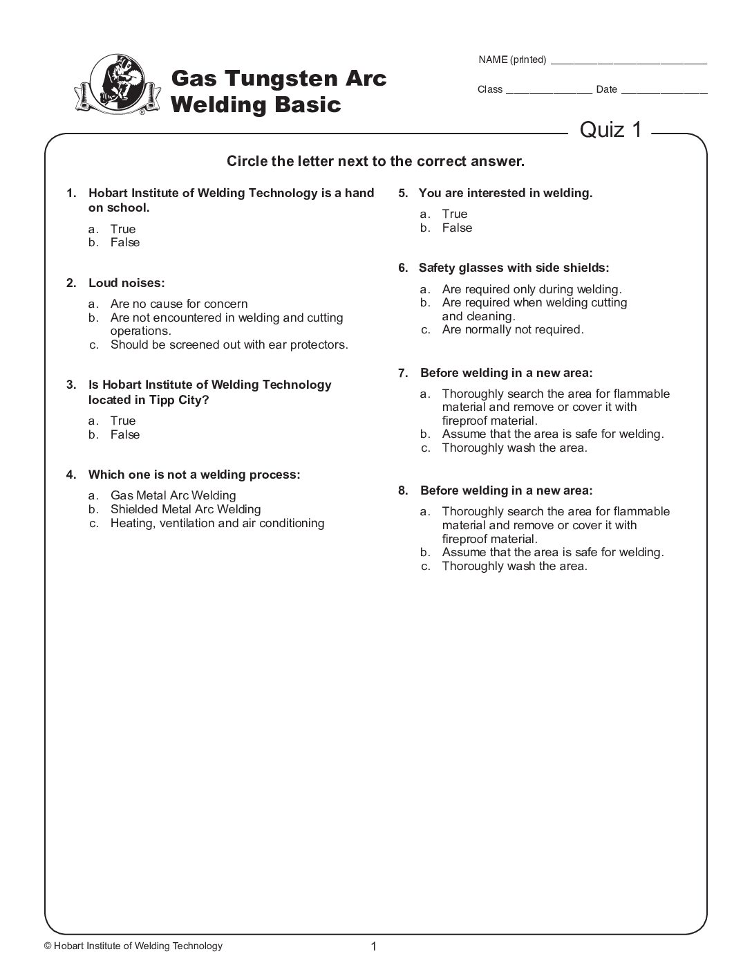 Additional Written Tests - Gas Tungsten Arc Welding Basic